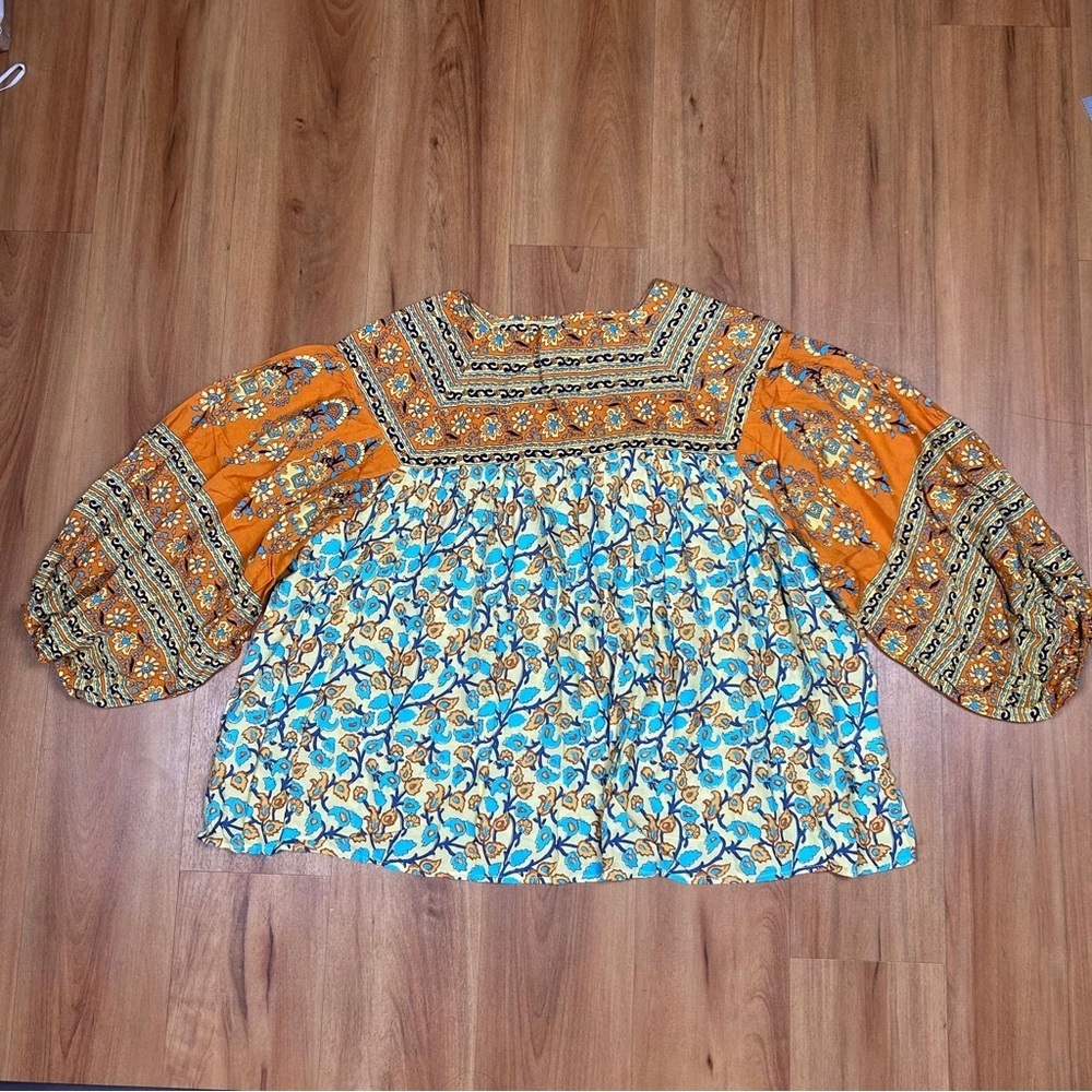 R.Vivimos Boho Floral Blouse Orange Blue 3/4 Sleeve Peasant Top Women Size L